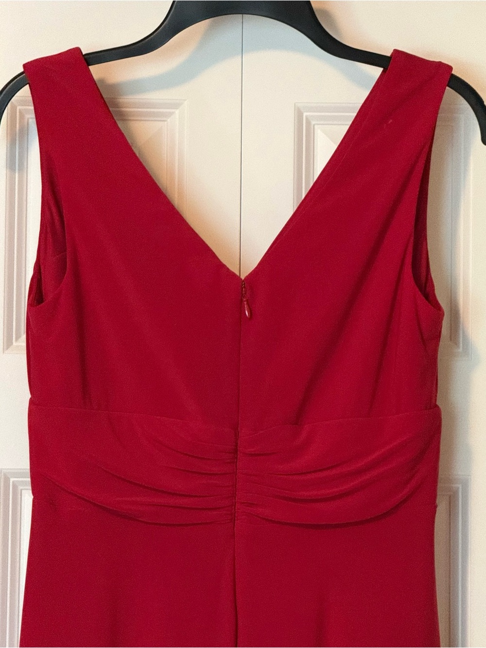 Red V-Neck Evening Dress with Rhinestone Accent - Picture 4 of 5